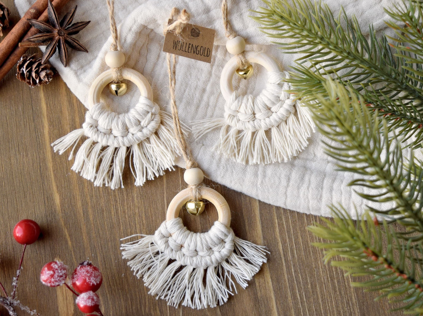 3tlg. Makramee Baumschmuck Set mit Glöckchen