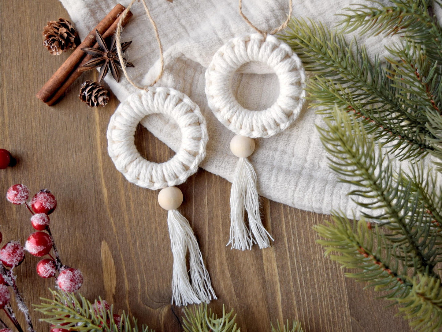 2tlg. Set Makramee Christbaumanhänger mit Tassel, Boho Weihnachtsbaumschmuck