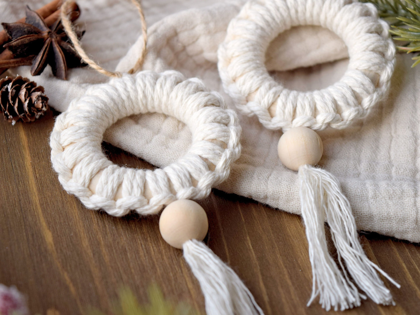 2tlg. Set Makramee Christbaumanhänger mit Tassel, Boho Weihnachtsbaumschmuck