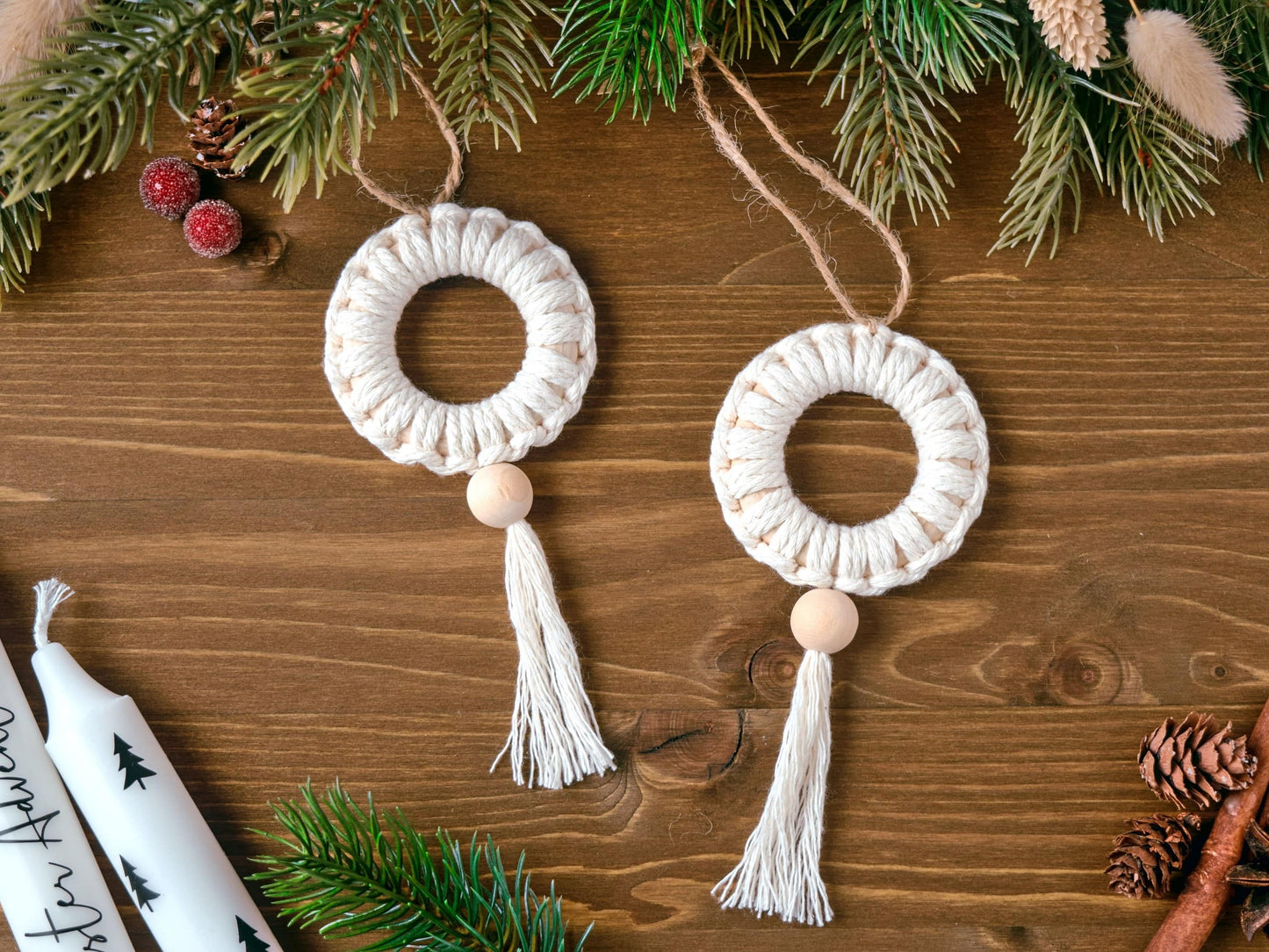 2tlg. Set Makramee Christbaumanhänger mit Tassel, Boho Weihnachtsbaumschmuck