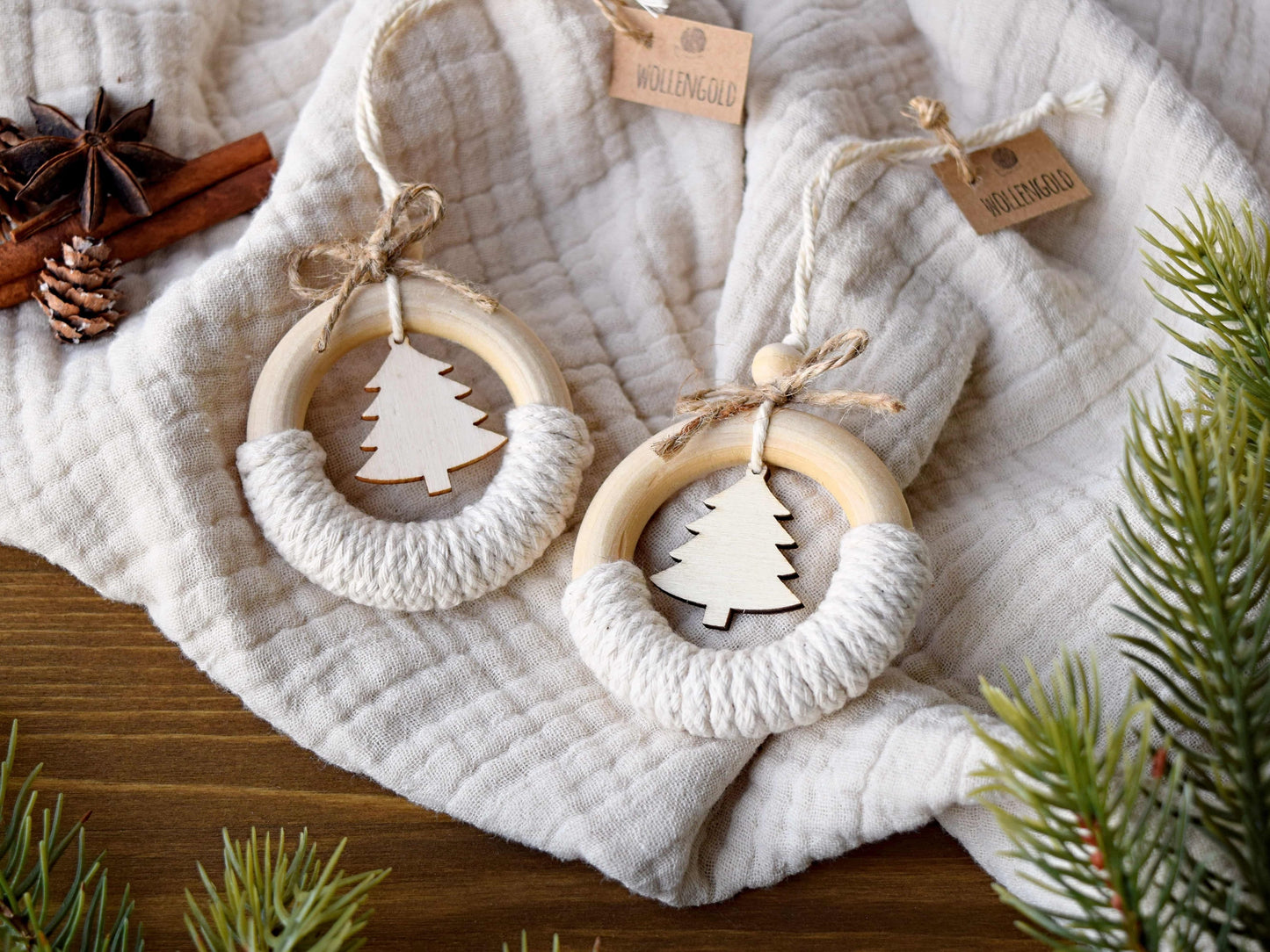 Makramee Baumschmuck-Anhänger Set mit Holz-Tannenbaum 2tlg.