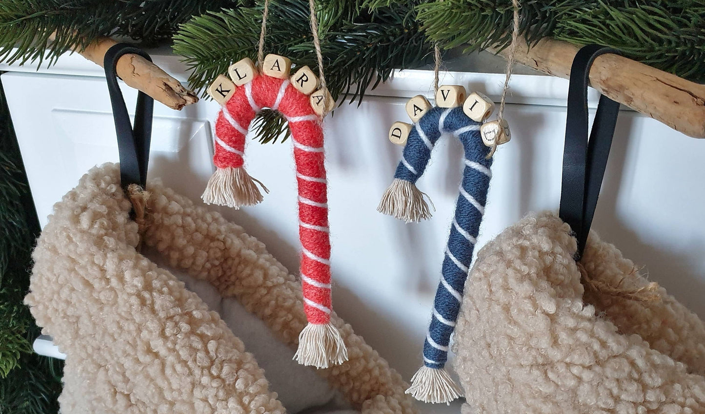 Makramee Zuckerstange mit Name Baumschmuck Anhänger einzeln