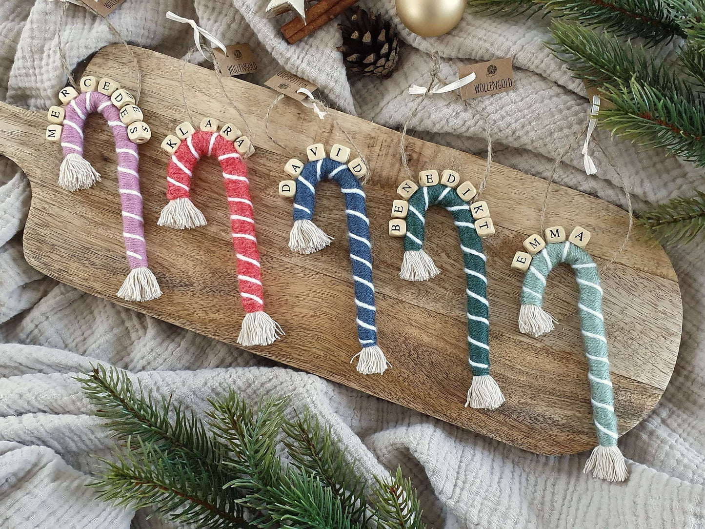 Makramee Zuckerstange mit Name Baumschmuck Anhänger einzeln