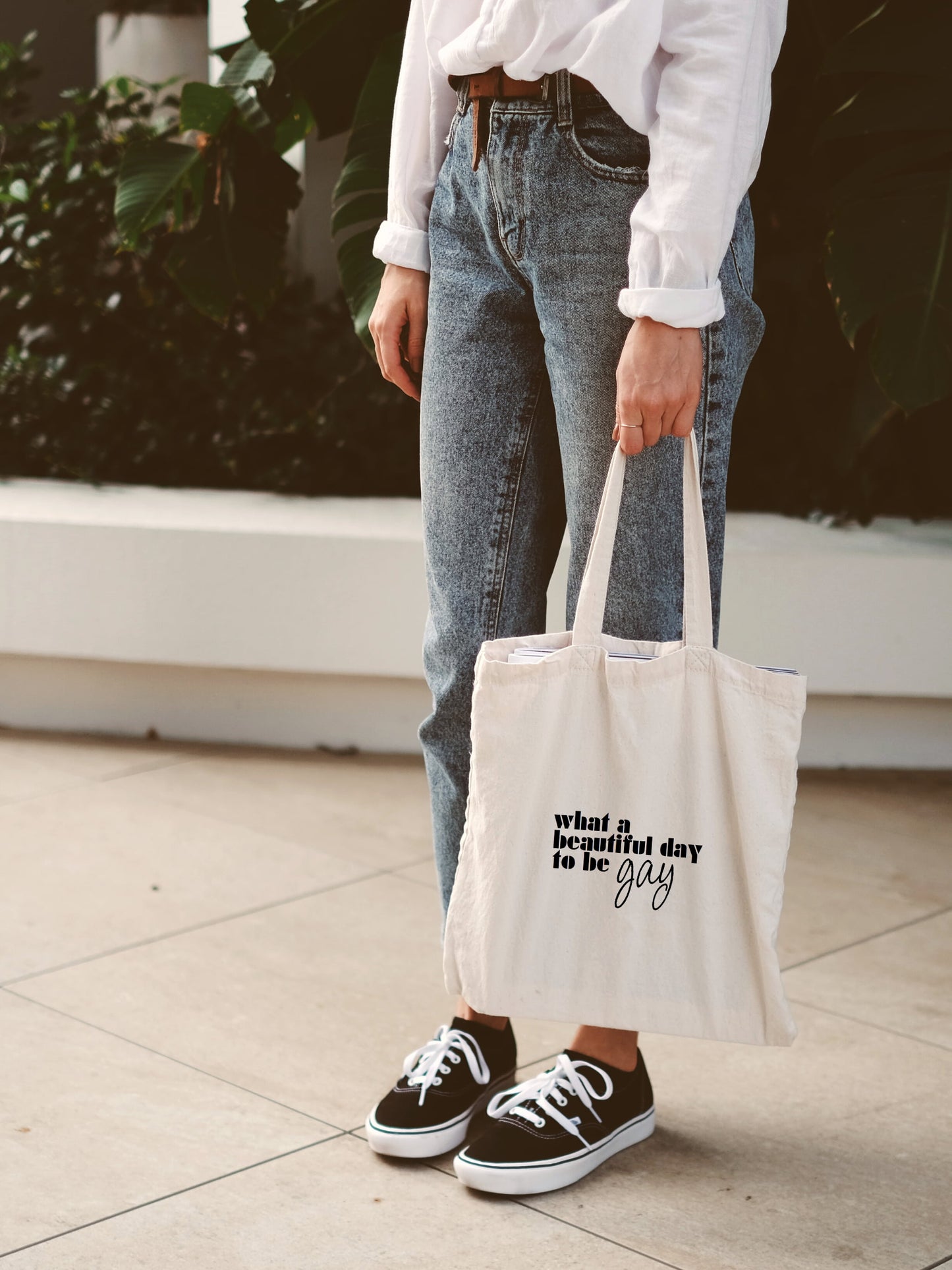 Baumwolltasche "what a beautiful day to be gay"