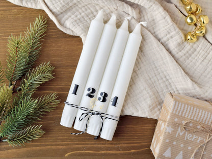 Stabkerzen 4er Set - Adventskerzen mit Zahlen 1-4 in Weiß