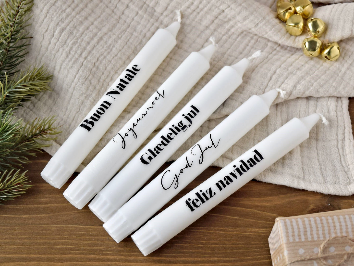 Stabkerze 'Frohe Weihnachten' feliz navidad, Joyeux noel, Buon Natale, God Jul, Glaedelig jul