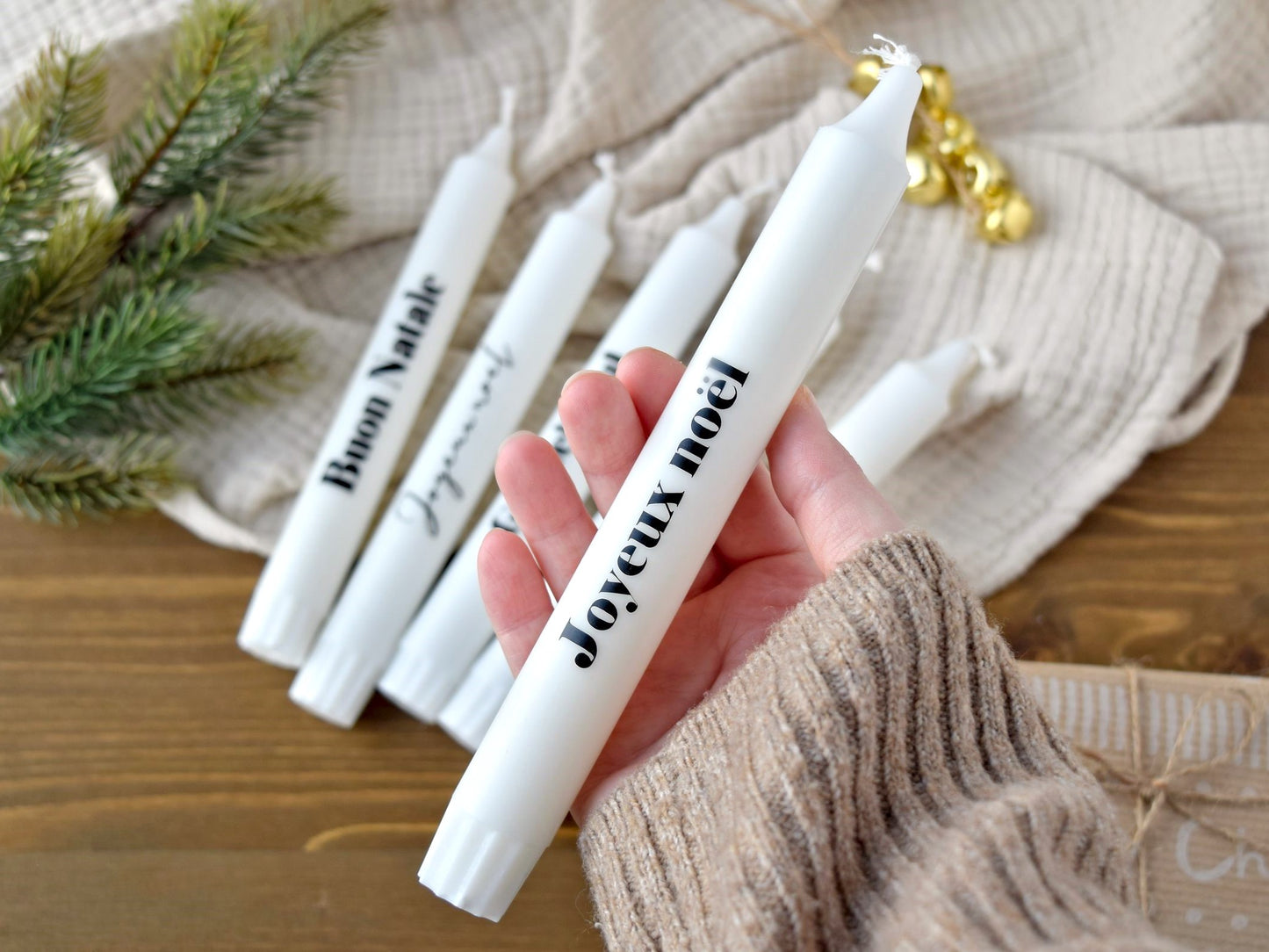 Stabkerze 'Frohe Weihnachten' feliz navidad, Joyeux noel, Buon Natale, God Jul, Glaedelig jul